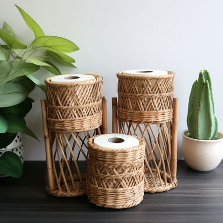 Stylish wicker toilet paper rolls on wooden table, closeupの素材