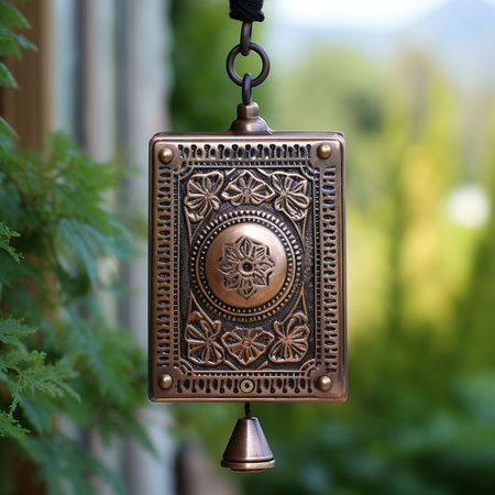 Vintage copper bell hanging in the garden. Shallow depth of field.の素材
