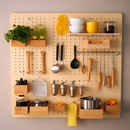 Kitchen utensils on wooden shelf. Top view, flat layの素材