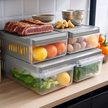 Plastic container with food on table in kitchen. Fast food conceptの素材