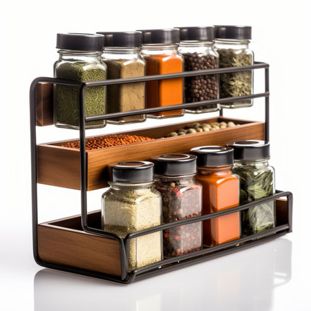 Various spices and herbs in a wooden box on a white background.の素材