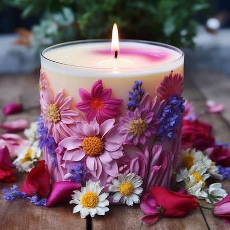 Aromatherapy candle with flowers and petals on wooden backgroundの素材