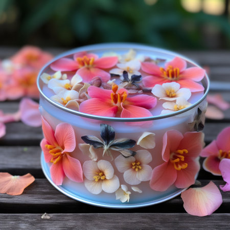 Beautiful flowers in a glass cup on wooden table in the gardenの素材