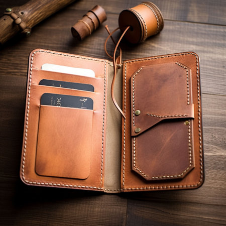 Leather wallet on a wooden table. Business and finance concept.の素材
