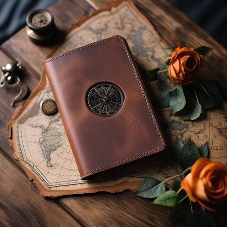 Leather passport, compass and old map on a wooden table.の素材