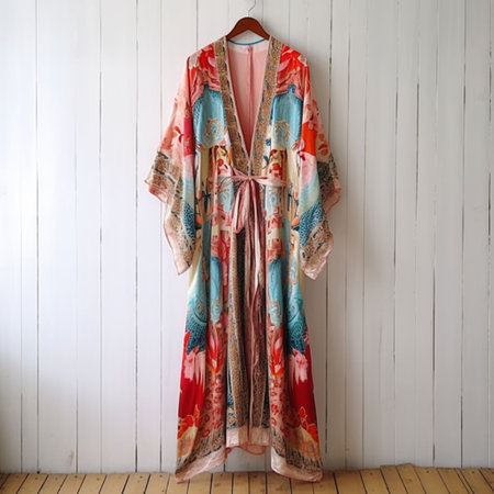Womens bathrobe on a hanger on a wooden backgroundの素材