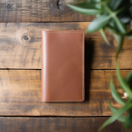 Leather wallet on a wooden background. Top view. Flat lay.の素材