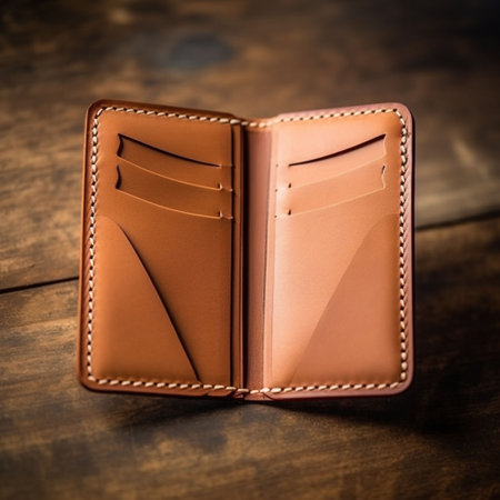 Brown leather wallet on a wooden background. Shallow depth of field.の素材
