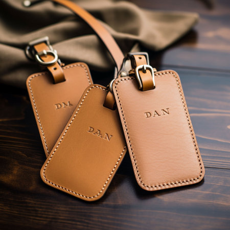Pair of brown leather name tags with belt on wooden background.の素材