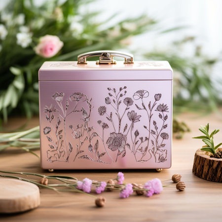 Pink gift box with floral pattern on wooden table, selective focus.の素材