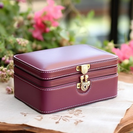 Purple leather box on a table in a cafe, stock photoの素材
