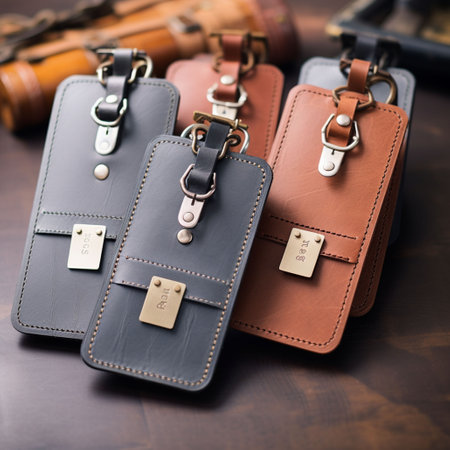 Leather wallets on a wooden table. Close up. Selective focusの素材