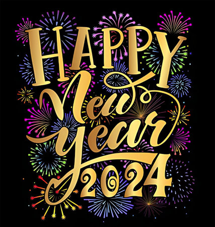 Happy New Year lettering with fireworks. Vector illustration for your designの素材