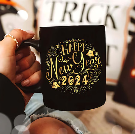Merry Christmas and Happy New Year. Woman holding cup of coffee with lettering.の素材