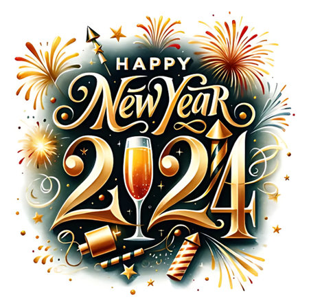 Happy New Year background with fireworks and champagne glasses. Vector illustration.の素材