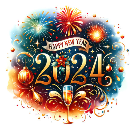 Happy New Year background with fireworks and champagne glass. Vector illustration.の素材