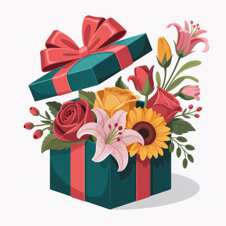 A charming presentation of a colorful bouquet of roses sunflowers lilies and tulips emerging from an open teal gift box adorned with a bright red ribbon creating a sense of joy andの素材