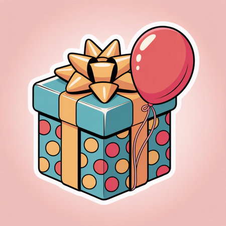 A vibrant and delightful gift box, wrapped with colorful polka dots and a golden ribbon, is topped with a bright red balloon.の素材