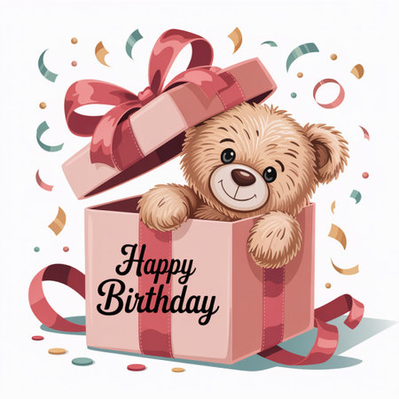 A heartwarming scene features a cute teddy bear joyfully emerging from a pink gift box adorned with a ribbon. Scattered confetti adds a festive and celebratory atmosphere, perfectの素材