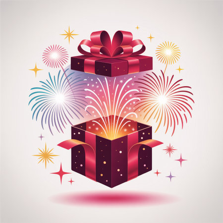 A vibrant and celebratory image featuring a deep red gift box that has burst open, releasing a dazzling array of colorful fireworks and shimmering sparkles. Perfect for announcingの素材