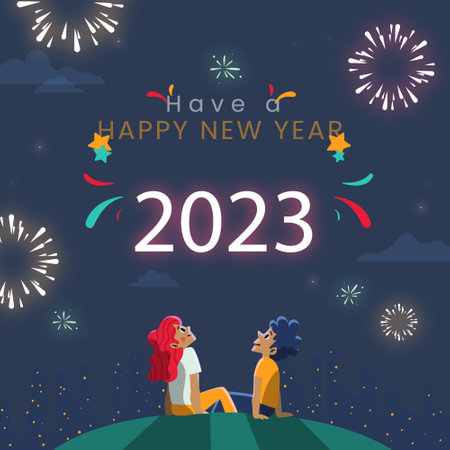 Happy new year 2023 Childs celebration. New Year's Party background greeting card - fireworks in the...