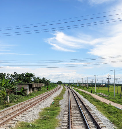 Railway in the rural area of Bangladesh. Empty railroad with fresh afternoon view.の写真素材