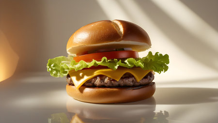 Cheeseburger with fresh vegetables on a white background with shadowsの素材
