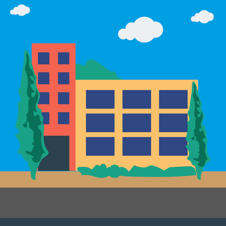 Vector illustration of a building with a tree on the roof. Flat style.のイラスト素材