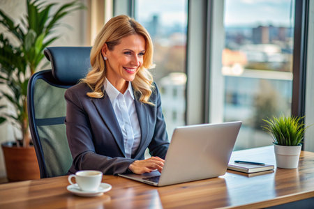 Beautiful businesswoman working on laptop in office. Business and technology concept.の素材