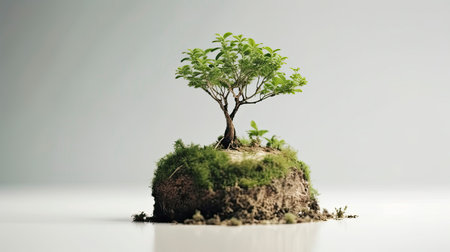 Small tree growing on a green mossy soil with copyspaceの素材
