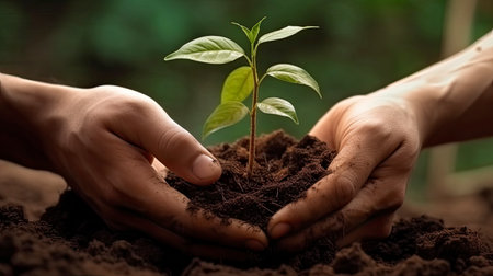 World Environment Day- Hands holding a young green plant with soil background, Earth Day conceptの素材