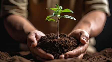 World Environment Day- Hands holding young plant with soil background. Earth day concept.の素材