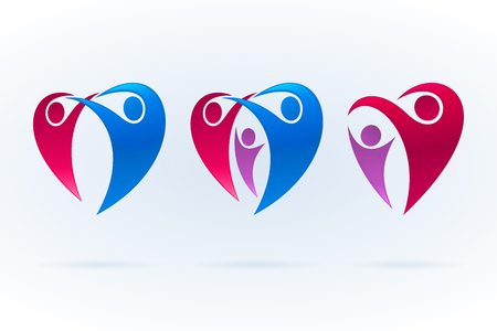 Woman, man, baby and heart shaped happy family swoosh icons. Colorful vector illustration.のイラスト素材