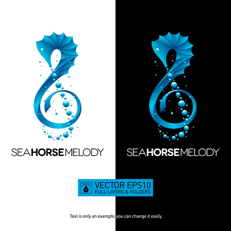 Seahorse-shaped music concept with treble clef for your designs. Isolated vector illustration logo on white background. Full layers and folders.のイラスト素材