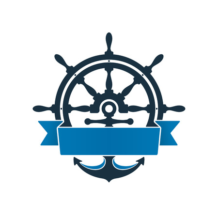 Ship wheel and anchor with label on white background. Nautical symbol design.のイラスト素材