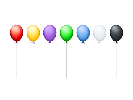 Colorful glossy balloons with ropes in a row on white background.のイラスト素材