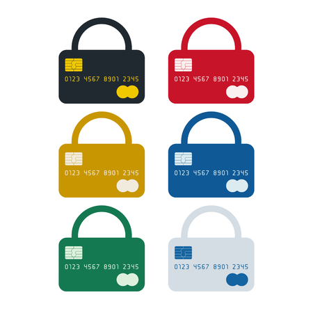 Padlock shaped credit card, credit card safety icon on white background. Finance icon design.のイラスト素材