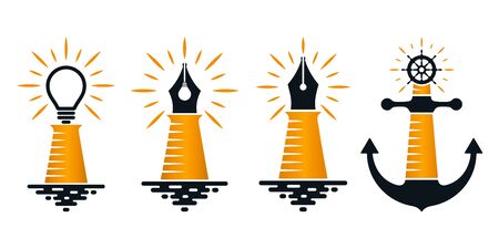 Lighthouse icons with pen nib with bulb and ship wheel on white background. Creative idea icons.のイラスト素材