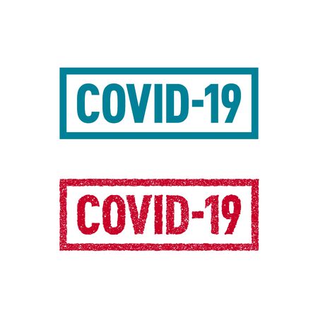 Covid-19 turquoise solid and red ink rubber stamp simple badges on white background.のイラスト素材