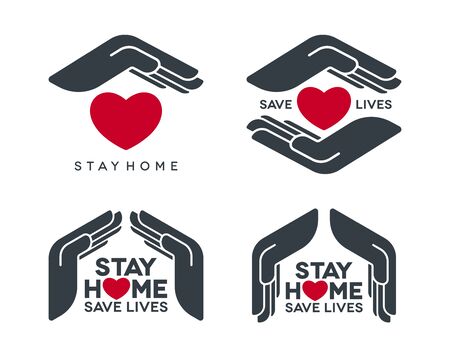 Stay home save lives coronavirus pandemic concept design. Social isolation vector icons set with protective hands symbol on white background.のイラスト素材