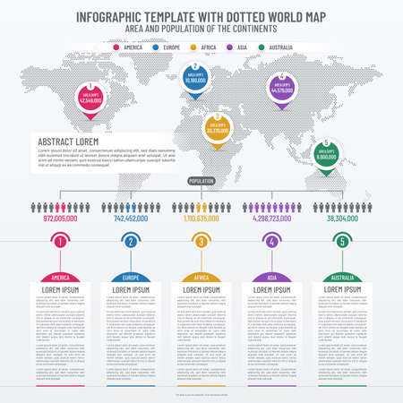 Infographic vector template with world map. Mapping design elements such as dotted world map, continents, human figures, pointers.のイラスト素材
