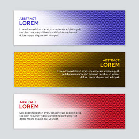 Colorful gradient backgrounds with perforated hexagonal patterns. Horizontal honeycomb banner set.のイラスト素材