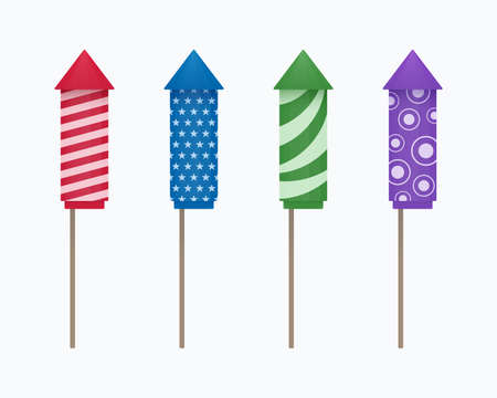 Colorful firework rockets with various textures on white background. Vector fireworks icon set.のイラスト素材