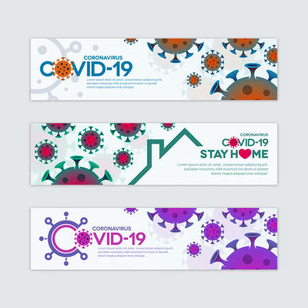 Colorful Covid-19 vector banner templates with virus symbols. Various novel coronavirus concept designs.のイラスト素材