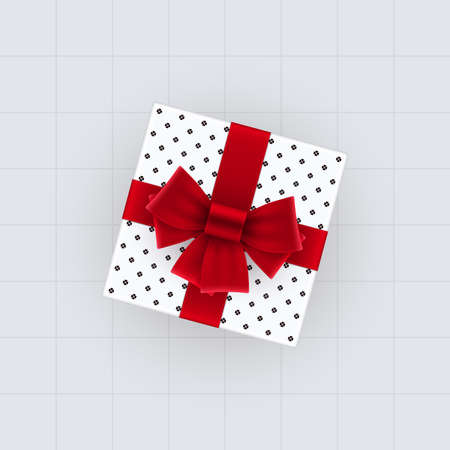 Top view of gift box with red bow and ribbons. Spotted gift box vector template.のイラスト素材