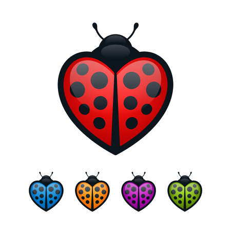 Heart shaped ladybugs on white background. Colorful bugs icon set.のイラスト素材