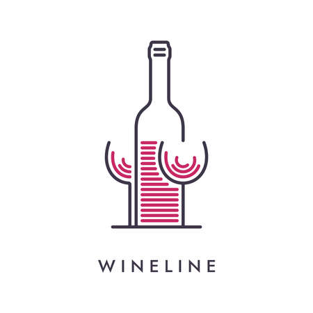 Minimal wineglass and bottle icon in a row lines. Abstract drink concept design.のイラスト素材