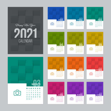 Calendar 2021 vector design with 12 pages and folded paper textured background. Week starts on Monday.のイラスト素材