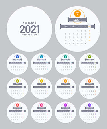 Calendar 2021 template in round form. Circle badge calendar vector design on white background. Week starts on Monday.のイラスト素材
