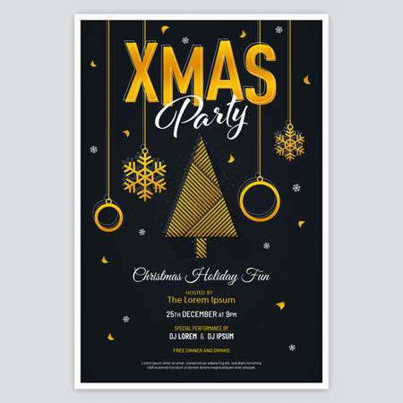 Gold colored Xmas party poster with abstract tree, Christmas balls, snowflakes and confetti on black background. Luxury Christmas party invitation design.のイラスト素材